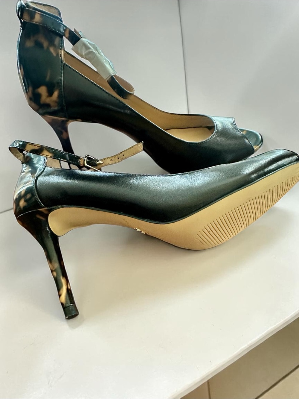 New Ann Taylor black leather and tortoise shell peep-toe pumps with ankle strap